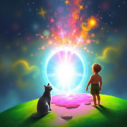 A young boy with tan skin stands on a vibrant green hill, gazing intently at a glowing portal that leads to another dimension