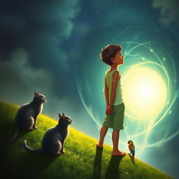 A young boy with tan skin stands on a vibrant green hill, gazing intently at a glowing portal that leads to another dimension