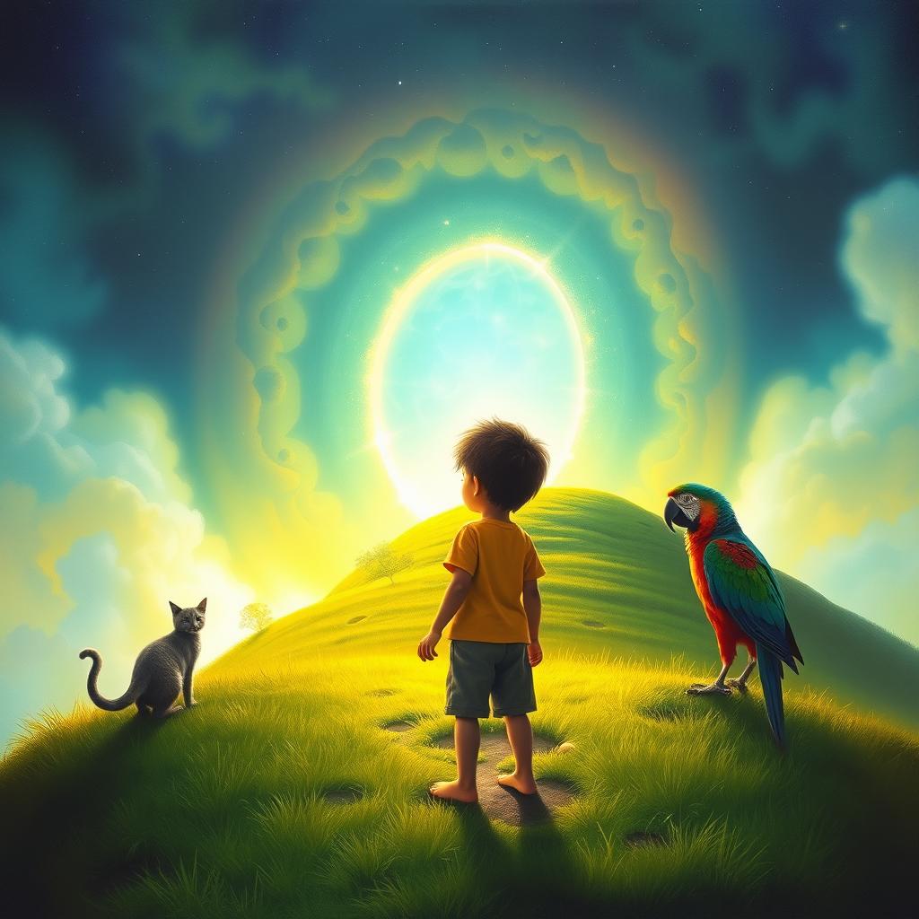 A young boy with tan skin stands on a vibrant green hill, gazing intently at a glowing portal that leads to another dimension