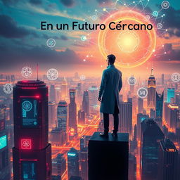 A captivating book cover featuring a futuristic cityscape, where a brilliant scientist stands on the edge of a tall building overlooking the city