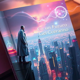 A captivating book cover featuring a futuristic cityscape, where a brilliant scientist stands on the edge of a tall building overlooking the city