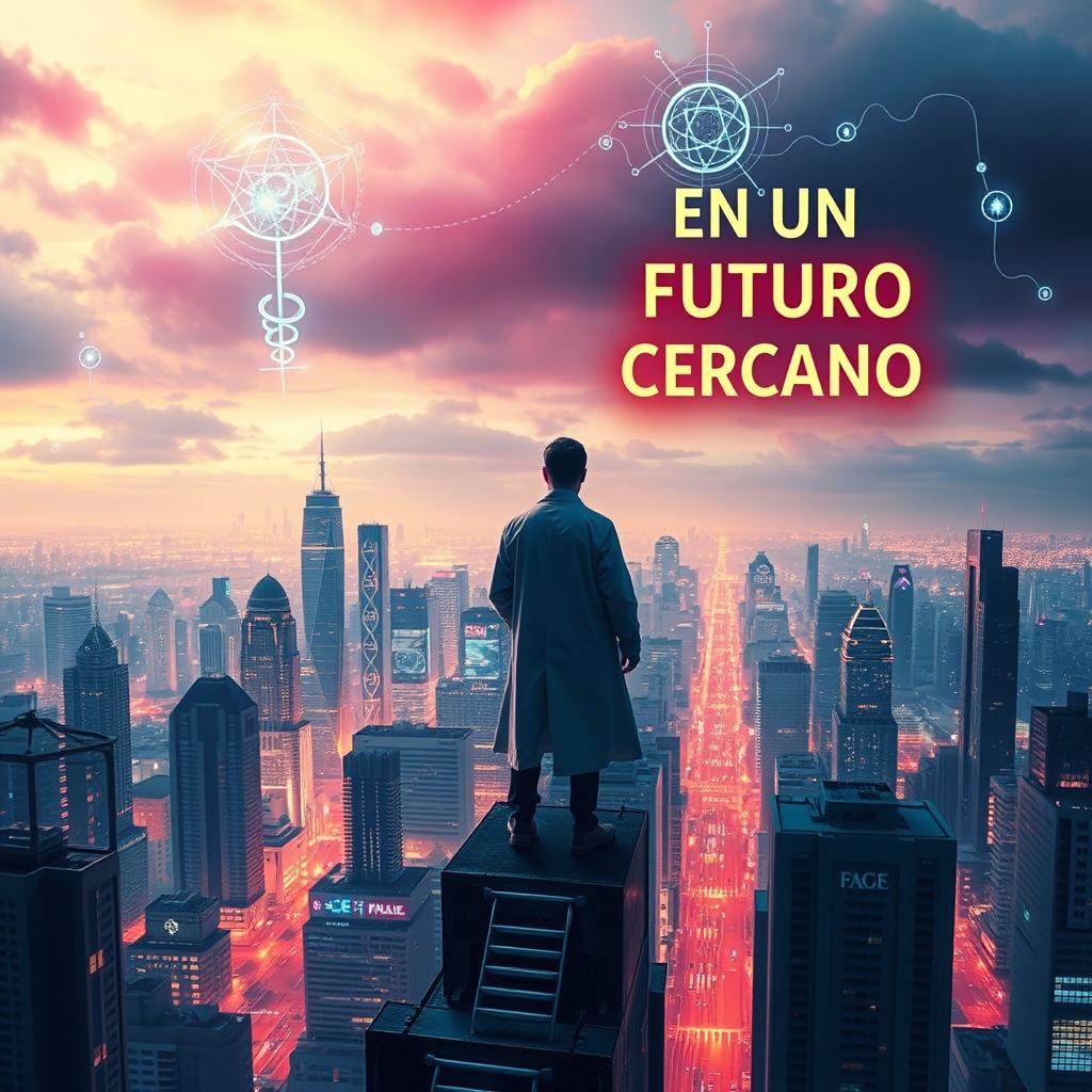 A captivating book cover featuring a futuristic cityscape, where a brilliant scientist stands on the edge of a tall building overlooking the city