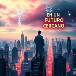 A captivating book cover featuring a futuristic cityscape, where a brilliant scientist stands on the edge of a tall building overlooking the city