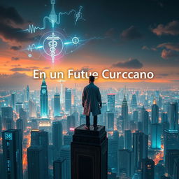 A captivating book cover featuring a futuristic cityscape, where a brilliant scientist stands on the edge of a tall building overlooking the city