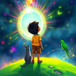A boy with olive brown skin standing on a glowing green hill, gazing into a mystical portal that opens into another dimension