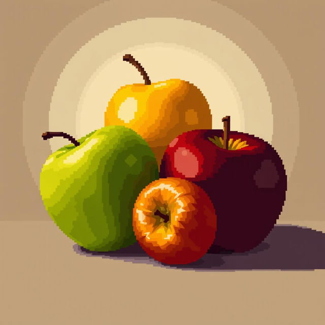 a still life scene showcasing three distinct apples arranged artistically