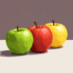 a still life scene showcasing three distinct apples arranged artistically