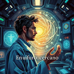 A captivating book cover illustrating a brilliant scientist in a futuristic lab, surrounded by advanced technology and holographic displays