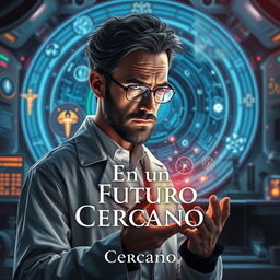 A captivating book cover illustrating a brilliant scientist in a futuristic lab, surrounded by advanced technology and holographic displays