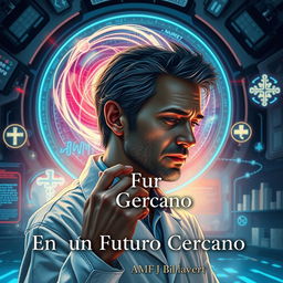 A captivating book cover illustrating a brilliant scientist in a futuristic lab, surrounded by advanced technology and holographic displays