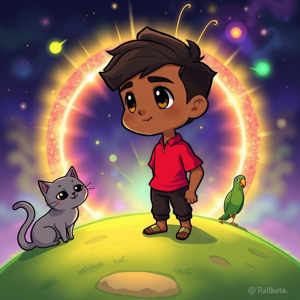 A chibi-style illustration of a man with olive-brown skin wearing a vibrant red shirt, standing on a glowing green hill