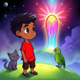 A chibi-style illustration of a man with olive-brown skin wearing a vibrant red shirt, standing on a glowing green hill