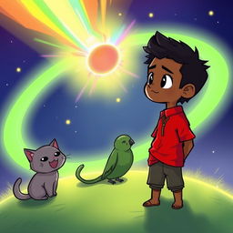 A chibi-style illustration of a man with olive-brown skin wearing a vibrant red shirt, standing on a glowing green hill