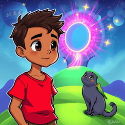 A chibi-style illustration of a man with olive-brown skin wearing a vibrant red shirt, standing on a glowing green hill