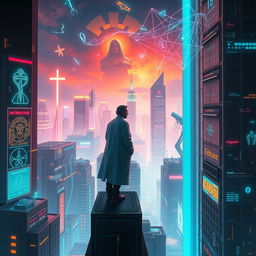 A visually striking book cover set in a futuristic cityscape, where a brilliant scientist stands on the edge of a tall building, contemplating the illuminated skyline filled with neon hues and holographic displays