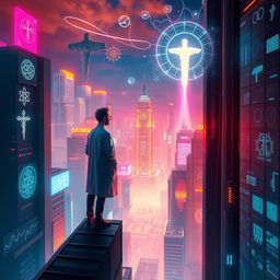 A visually striking book cover set in a futuristic cityscape, where a brilliant scientist stands on the edge of a tall building, contemplating the illuminated skyline filled with neon hues and holographic displays