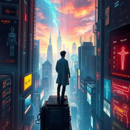 A visually striking book cover set in a futuristic cityscape, where a brilliant scientist stands on the edge of a tall building, contemplating the illuminated skyline filled with neon hues and holographic displays