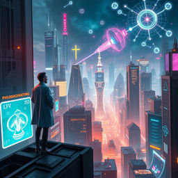 A visually striking book cover set in a futuristic cityscape, where a brilliant scientist stands on the edge of a tall building, contemplating the illuminated skyline filled with neon hues and holographic displays