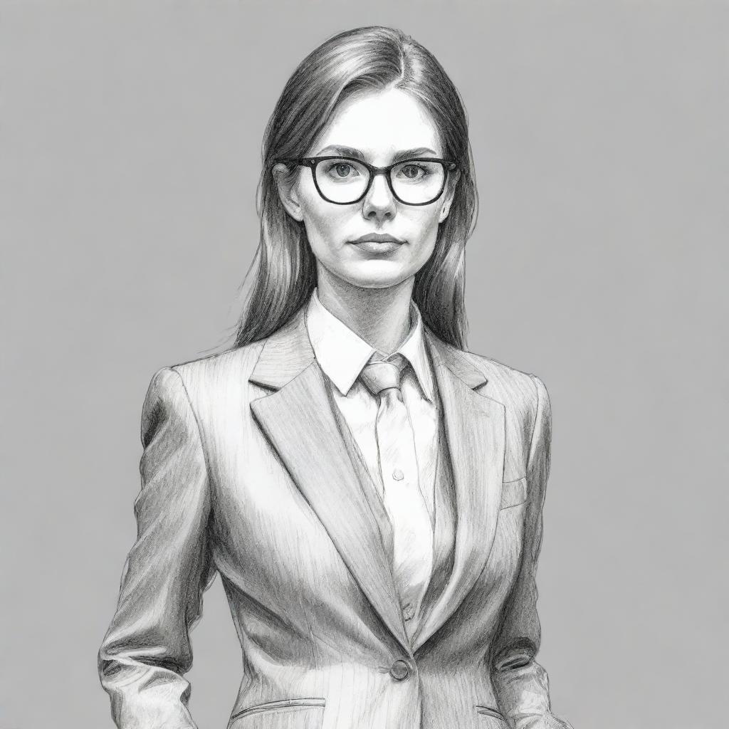 A sketch of a woman in a meticulously drawn, formal, professional accountant's suit, radiating seriousness and competence.