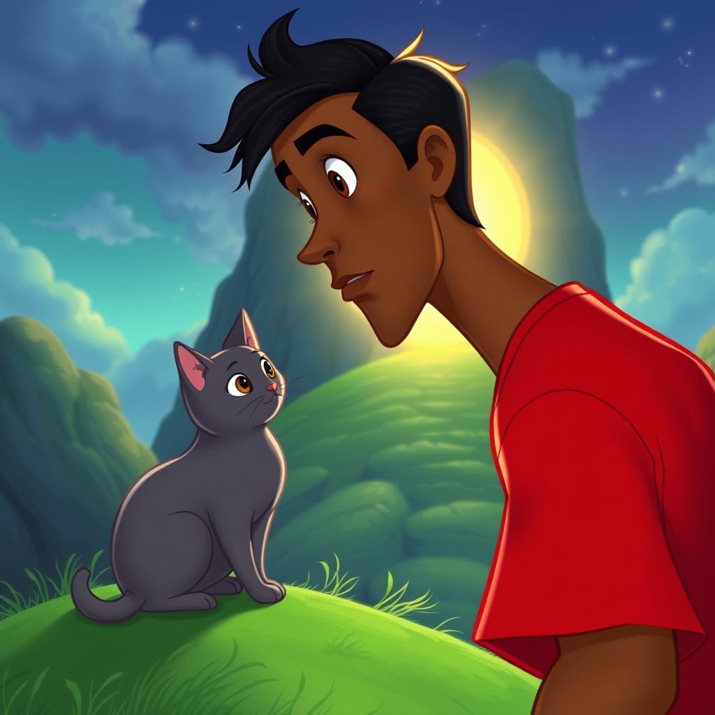 A man with olive brown skin and black hair, wearing a red shirt, is standing on a green hill