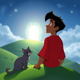 A man with olive brown skin and black hair, wearing a red shirt, is standing on a green hill