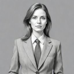 A sketch of a woman in a meticulously drawn, formal, professional accountant's suit, radiating seriousness and competence.