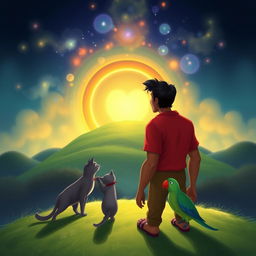 A man with olive brown skin and black hair, wearing a red shirt, stands on a green hill, gazing into a glowing portal that leads to another dimension