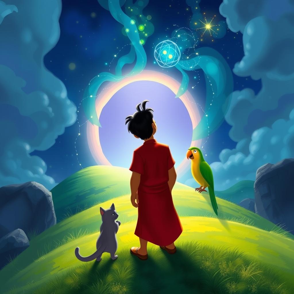 A man with olive brown skin and black hair, wearing a red shirt, stands on a green hill, gazing into a glowing portal that leads to another dimension