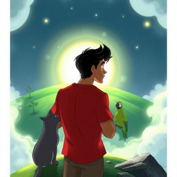 A man with olive brown skin and black hair, wearing a red shirt, stands on a green hill, gazing into a glowing portal that leads to another dimension