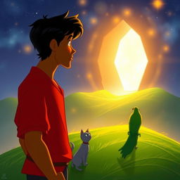 A man with olive brown skin and black hair, wearing a red shirt, stands on a green hill, gazing into a glowing portal that leads to another dimension