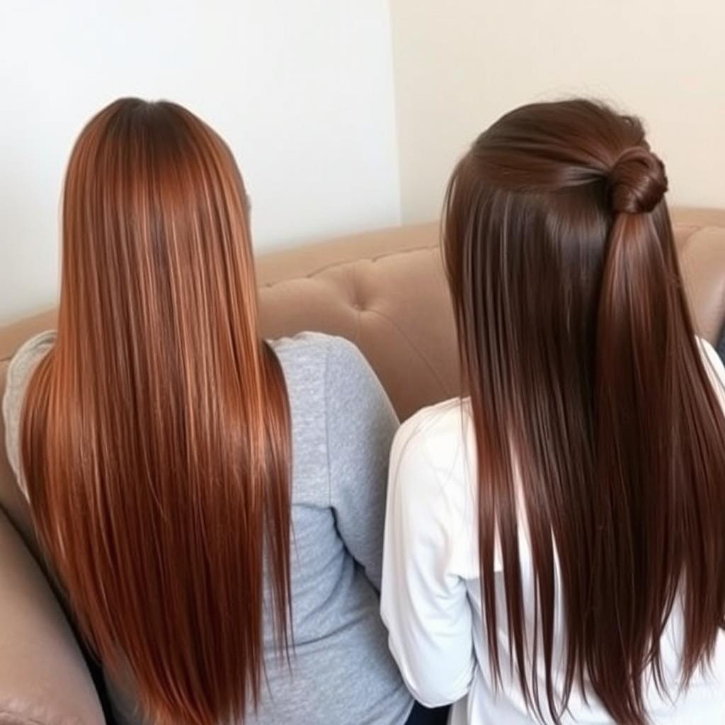 A mother with very long, keratin-treated straight hair, which is loose and not tied up, is sitting on a couch