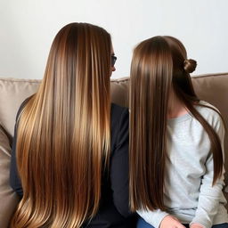 A mother with very long, keratin-treated straight hair, which is loose and not tied up, is sitting on a couch