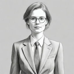 A sketch of a woman in a meticulously drawn, formal, professional accountant's suit, radiating seriousness and competence.