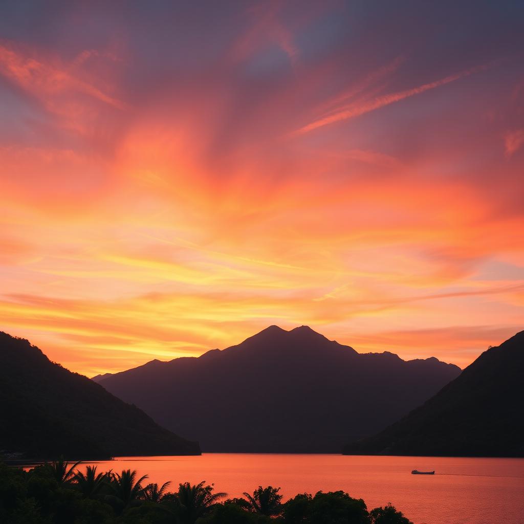 Vibrant sunset over a serene mountain landscape, capturing the moment when the sun dips below the horizon, casting an array of oranges, pinks, and purples across the sky