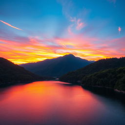 Vibrant sunset over a serene mountain landscape, capturing the moment when the sun dips below the horizon, casting an array of oranges, pinks, and purples across the sky