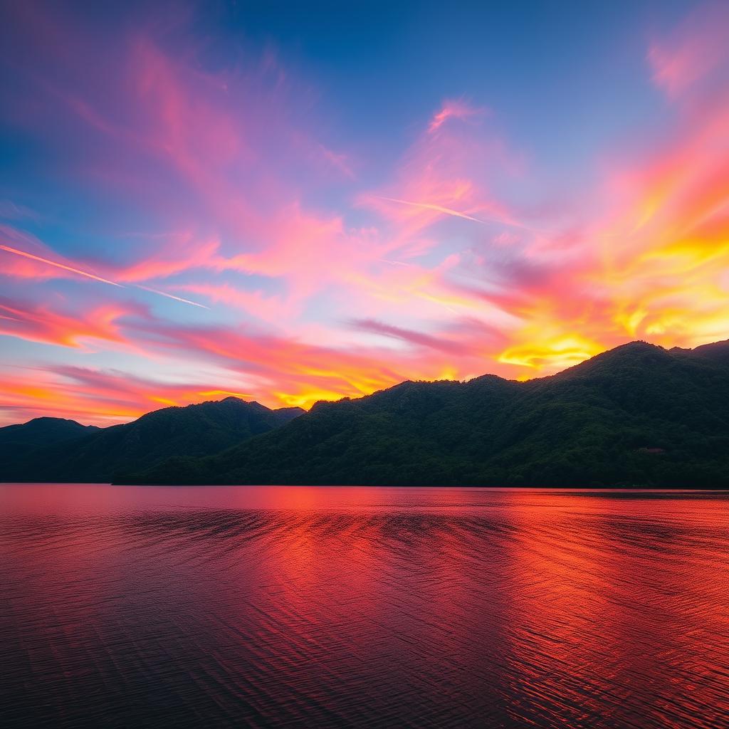 Vibrant sunset over a serene mountain landscape, capturing the moment when the sun dips below the horizon, casting an array of oranges, pinks, and purples across the sky