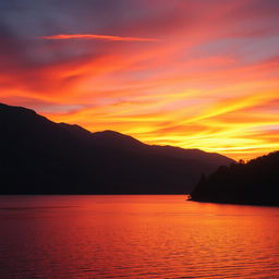 Vibrant sunset over a serene mountain landscape, capturing the moment when the sun dips below the horizon, casting an array of oranges, pinks, and purples across the sky