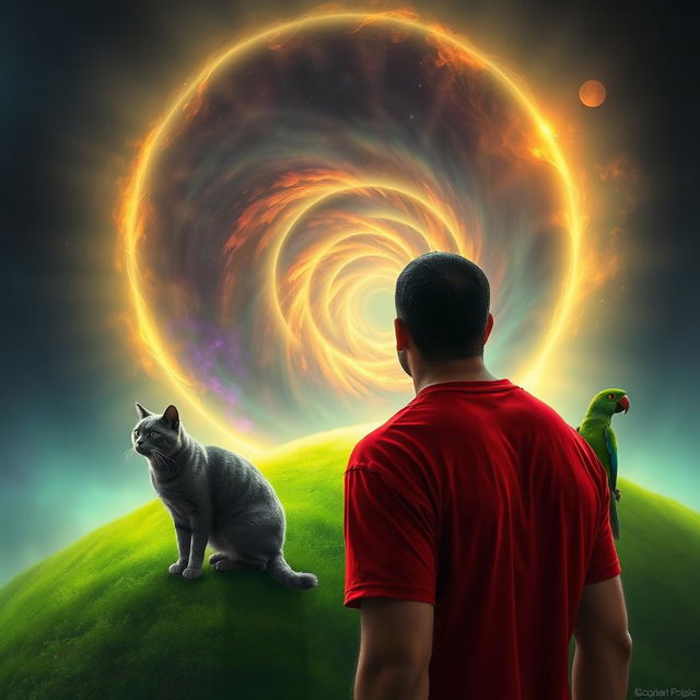 A man with olive brown skin wearing a red shirt stands on a glowing green hill, gazing into a portal leading to another dimension