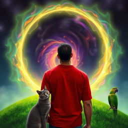 A man with olive brown skin wearing a red shirt stands on a glowing green hill, gazing into a portal leading to another dimension