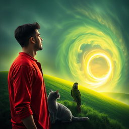 A man with olive brown skin wearing a red shirt stands on a glowing green hill, gazing into a portal leading to another dimension