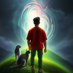 A man with olive brown skin wearing a red shirt stands on a glowing green hill, gazing into a portal leading to another dimension