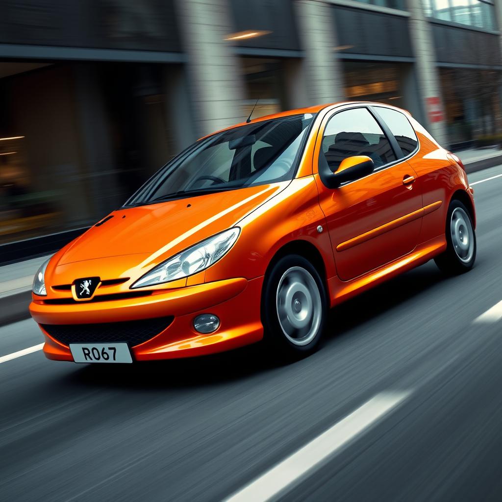 Realistic Peugeot 206 car in a dynamic urban setting, showcasing its sleek design and aerodynamic profile