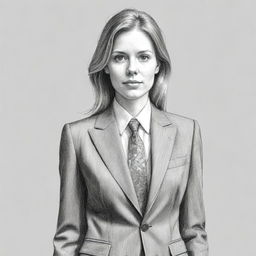 A sketch of a woman in a meticulously drawn, formal, professional accountant's suit, radiating seriousness and competence.