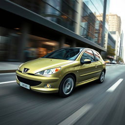 Realistic Peugeot 206 car in a dynamic urban setting, showcasing its sleek design and aerodynamic profile