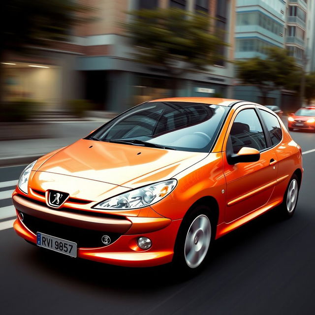 Realistic Peugeot 206 car in a dynamic urban setting, showcasing its sleek design and aerodynamic profile