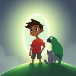 A simple art style animation featuring a man with olive brown skin wearing a red shirt, standing on a glowing green hill