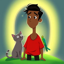 A simple art style animation featuring a man with olive brown skin wearing a red shirt, standing on a glowing green hill