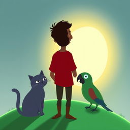 A simple art style animation featuring a man with olive brown skin wearing a red shirt, standing on a glowing green hill