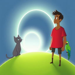 A simple art style animation featuring a man with olive brown skin wearing a red shirt, standing on a glowing green hill