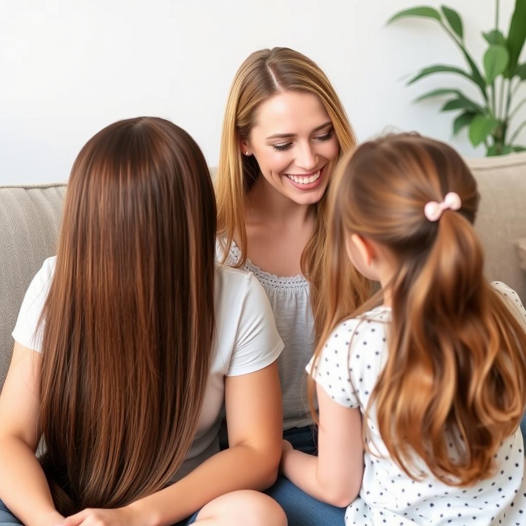 A mother with long, smooth hair treated with keratin, letting her hair down freely, sitting on a sofa with her daughter